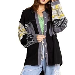 New POL Size M Oversized Patchwork Cottage Boho Button Up Shirt Shacket Raw Hems